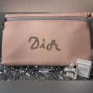 Dior Blush Pink Cosmetic Bag with Silver Accents and mini Miss Dior Perfume
